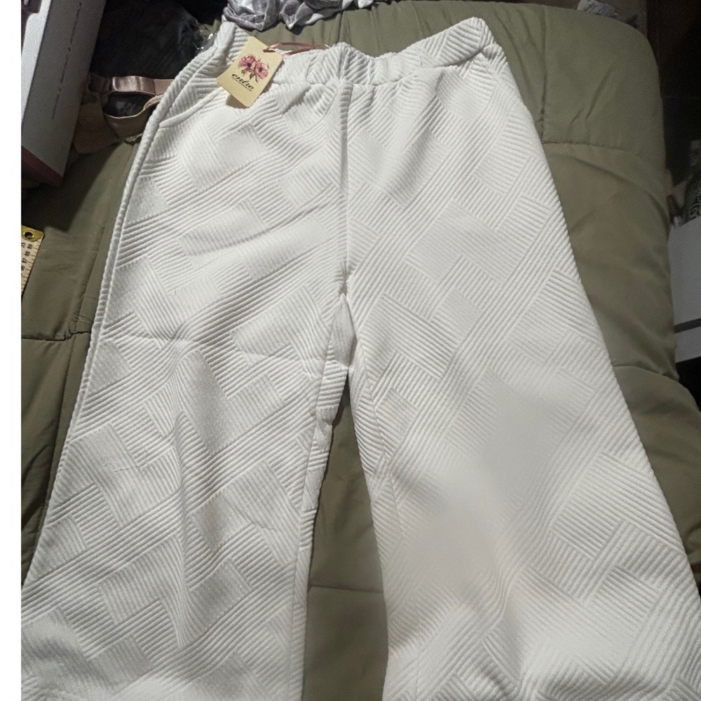Entro White Textured Wide Leg Pants High Waist Geometric Quilted Trousers L